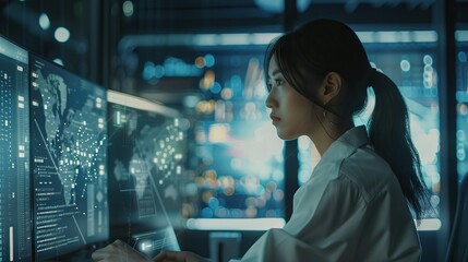 Asian woman coding with binary code for cybersecurity and AI.