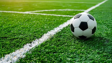 Soccer ball on football green field on the corner