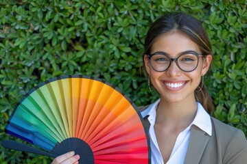 A woman wearing glasses holds a vibrant fan, great for illustration or graphic design projects