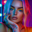 © Renata - A striking portrait of a woman with brightly colored makeup and neon lighting highlighting her features, creating a vibrant and dynamic visual effect.