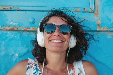 A happy young woman listening to music while wearing trendy sunglasses and headphones, suitable for use in fashion, entertainment or lifestyle images