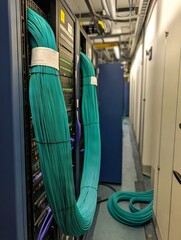 A bunch of green cables are lined up in a server room