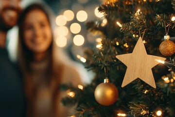 Couple with festive Christmas tree and wooden star decoration