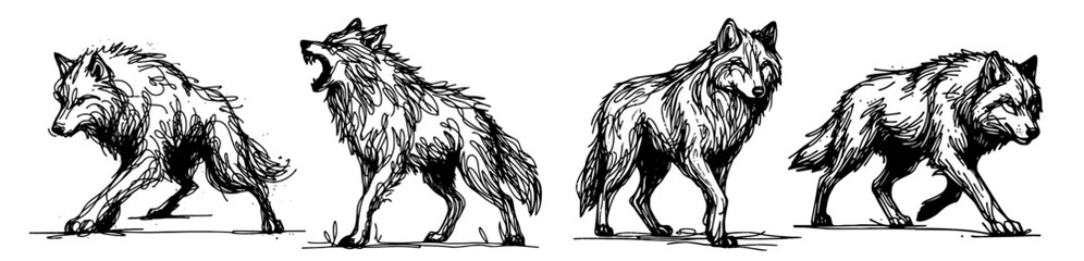 Wall Mural - wild wolves walking, collection of black vector drawings