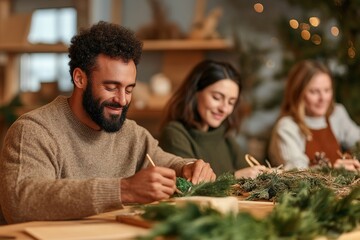 Friends crafting handmade holiday wreath together