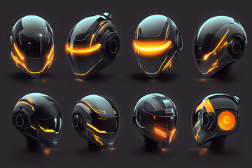 A collection of futuristic helmet designs in clean vector style