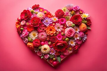 Aerial view of heart shape surrounded by realistic pink and red flowers