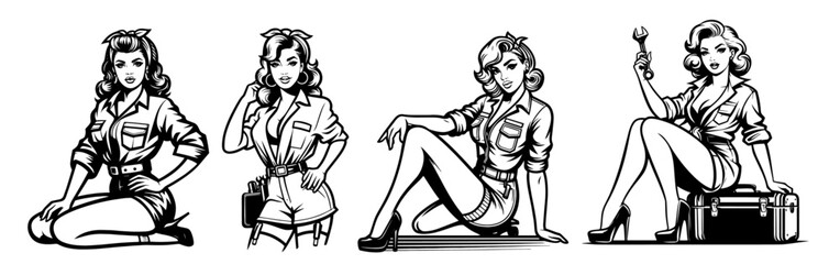 Wall Mural - vintage pin-up girls in workwear, perfect for automotive-themed designs and nostalgic decor black vector