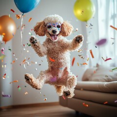  a jumping Cute dog  poodle celebrating birthday and holding a baloon carnival with mask, confetti and streamer, living room, baloon 