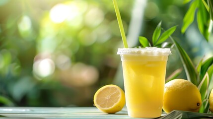 Sugarcane juice in plastic cup with abstract background whit lemon and plants on background