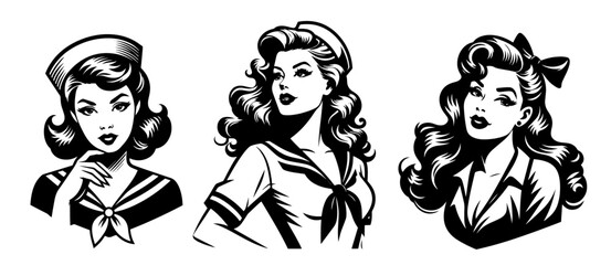 Wall Mural - Classic retro female military characters with gun and salute pose vector