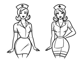 Wall Mural - vintage-inspired pin-up nurse sketch, showcasing detailed line work and classic appeal black vector