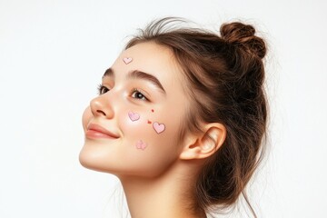 Wall Mural - A young girl's face painted with colorful hearts