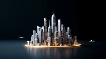 A 3D model of a city glowing with warm lights, with two futuristic vehicles flying over it.