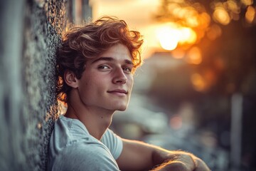 A young man leans against a wall during sunset, capturing the warmth and tranquility of the moment