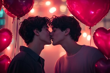 two young gay men share a romantic kiss surrounded by heart decorations and soft glowing lights, cre