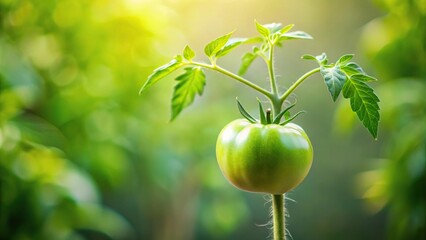 A single stem with a few large green tomato plants growing from the top, gardening, stem