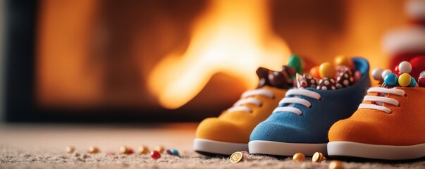 Warm shoes filled with sweets by fireplace for St Nicholas Day