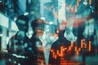 © darshika - Abstract city traders with financial chart in double exposure portrait.