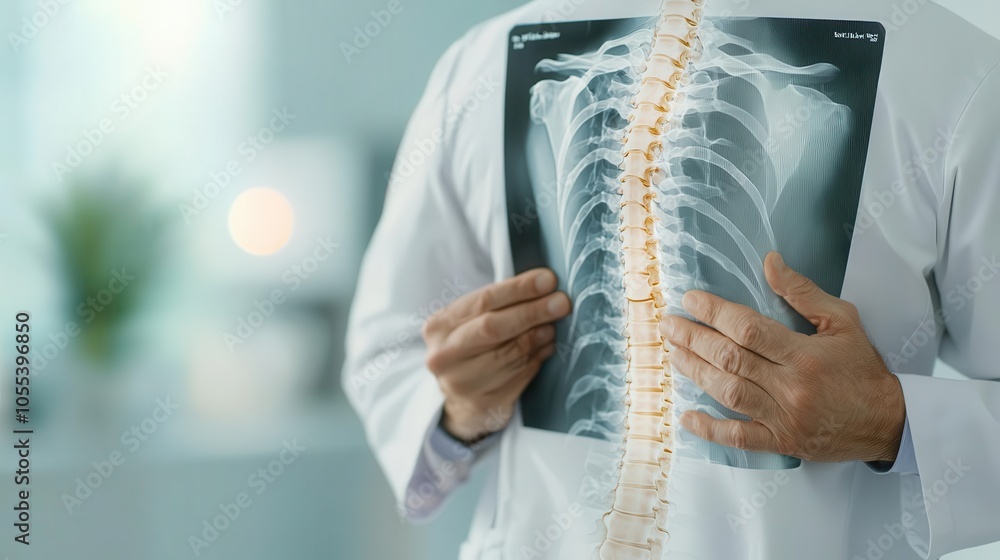 Doctor examining a patients spine with an xray, clinical setting ...