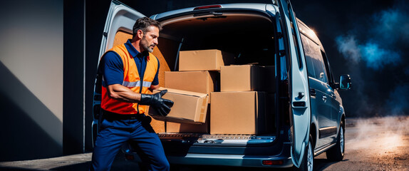 Delivery man unloading cardboard boxes from a van