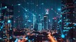 © neirfy - Big modern city city skyscraper downtown, Digital interface with line connection