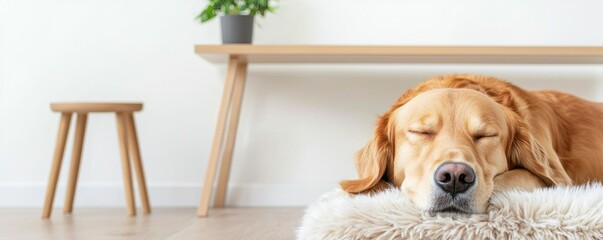 Canvas Print - Pet-friendly workspace concept. A peaceful golden retriever sleeps on a soft rug next to a wooden table and a potted plant in a cozy modern room