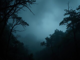 Wall Mural - Dark moody forest with dense foliage and mist creating an eerie atmosphere, tranquility, foliage, dense