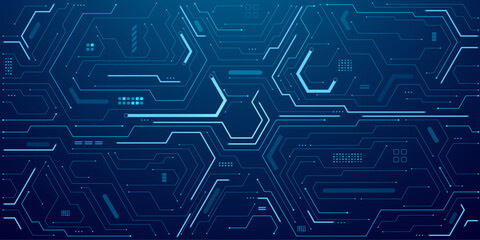 Fototapete - Electric light blue circuit board. Tech background. AI chip and semiconductor elements on dark blue technology bg. Cyber network. Digital concept. Electronics pattern or texture, Vector illustration. 