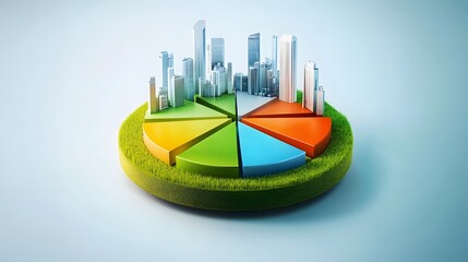 
A modern 3D floating pie chart with 7 pieces divided into 65%,13%,7%,5%,5%,3% and 2%. The chart is rendered with grass and buildings on top. The chart is set against a white and blue gradient backgro