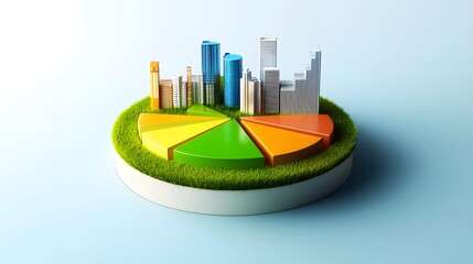 
A modern 3D floating pie chart with 7 pieces divided into 65%,13%,7%,5%,5%,3% and 2%. The chart is rendered with grass and buildings on top. The chart is set against a white and blue gradient backgro