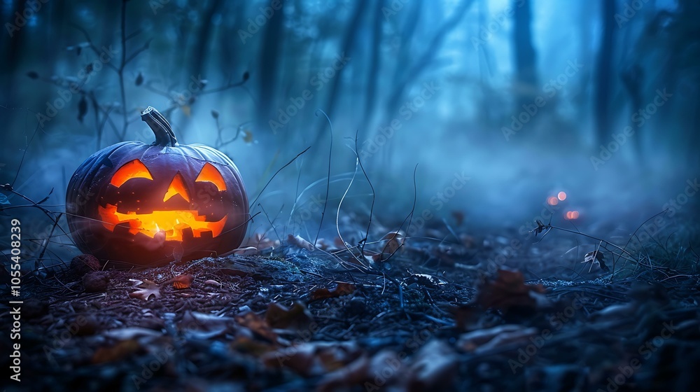 A glowing jack-o'-lantern placed on rugged ground in a dark, misty