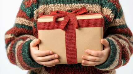 Wall Mural - close up of a person holding a gift, child's hand holding a Christmas gift box