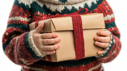 Wall Mural - close up of a person holding a gift, child's hand holding a Christmas gift box