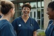 © Thali - A photo of several middle-aged female nurses, standing outside a hospital in their scrubs, laughing together while looking at each other