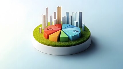 
A modern 3D floating pie chart with 7 pieces divided into 65%,13%,7%,5%,5%,3% and 2%. The chart is rendered with grass and buildings on top. The chart is set against a white and blue gradient backgro