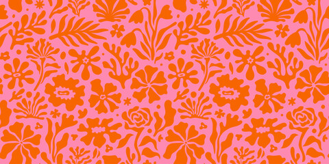 Fototapete - Vector seamless pattern in simple floral wavy and groovy naive style, flowers and plants, floral botanic hand drawn design templates, modern art prints, surface design
