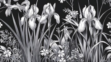 Vector Iris floral botanical flowers. Wild spring leaf wildflower isolated. Black and white engraved ink art. Seamless background pattern. Fabric wallpaper print texture.