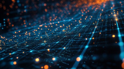 Abstract grid of glowing blue and orange lights representing data flow