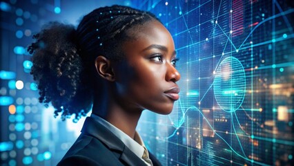 Side profile portrait of an african woman with a technology background