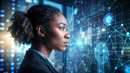 Side profile portrait of an african woman with a technology background