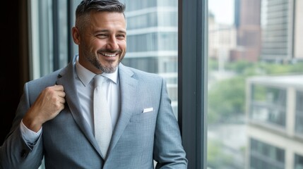 A man in a suit and tie is smiling and looking out the window