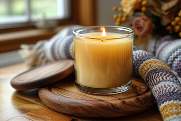 Burning candles in glass bowl on wooden table, closeup view.