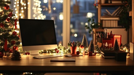 Leinwandbilder - Cozy christmas workplace with computer and decorations illuminating festive spirit