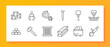 © Кирилл Макаров - Construction set icon. Measuring tape, house, steel beam, gears, mixer, conveyor, wire mesh, roller, blueprint, hand. Icons represent tools and materials used in construction and building projects