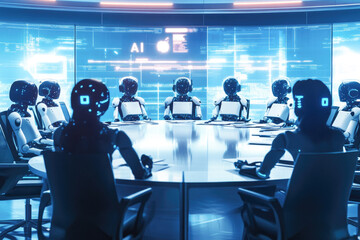 Futuristic ai conference: robots in a high-tech meeting room with digital interfaces