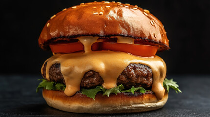 Close-up of a gourmet cheeseburger with melted cheese, lettuce, tomato slices, and a juicy beef patty in a sesame seed bun on a dark background.