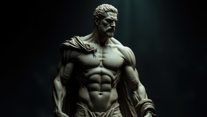 Statuesque male form in a dynamic pose, draped with a cloak, set against a banner stoic background, symbolizing power and calm.