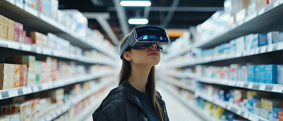 Woman Wearing VR Headset in a Supermarket Aisle, Shopping for Groceries, Shopping for Gr