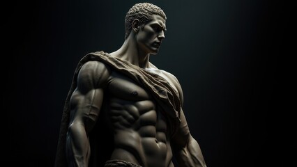  Artistic portrayal of a heroic male figure in relief, shown with a banner stoic background, blending classical aesthetics with a minimalist tone.